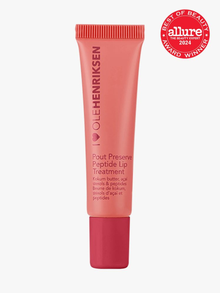 OleHenriksen Pout Preserve Peptide Lip Treatment branded tube component in red with red accents on a light gray background with red Allure Best of Beauty seal in the top right corner