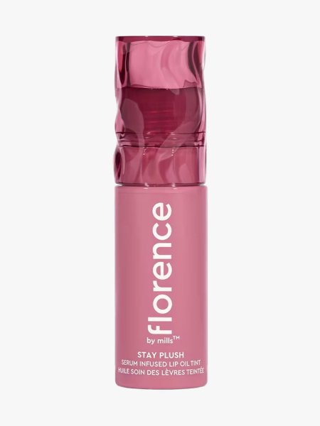 Florence by Mills Stay Plush Serum-Infused Lip Oil Tints in branded component on a light gray background