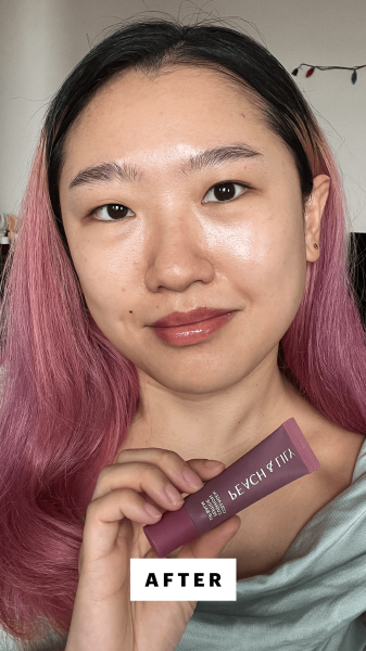 Han after applying the Peach Lily Cushion Peptide Lip Balm
