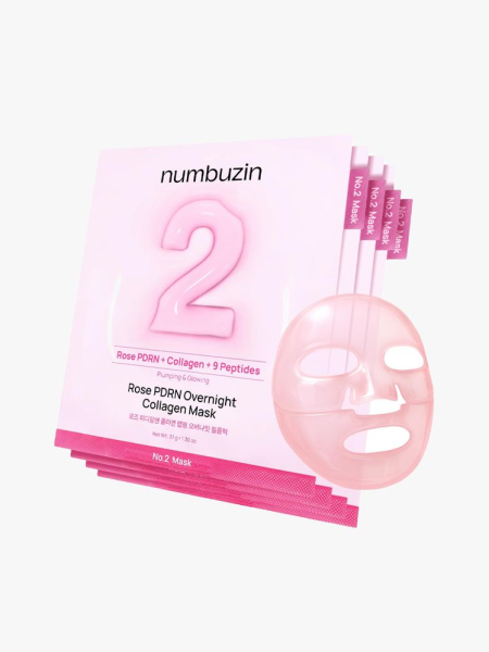 Numbuzin No.2 Rose PDRN Overnight Collagen Mask in branded components on a light gray background