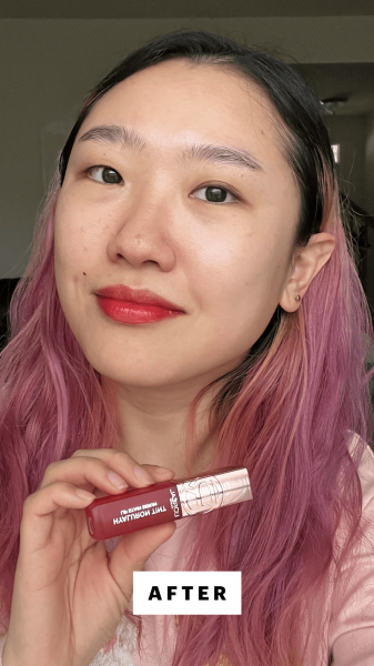 Han after applying L'Oral Paris Paradise Hyaluron Tint Lip Stain Serum in Le Rouge Paris